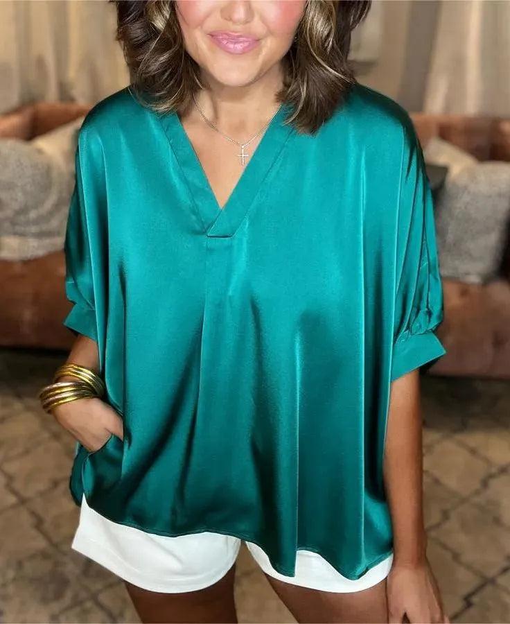 Women's V-Neck Shirt Silk Satin Classic Style