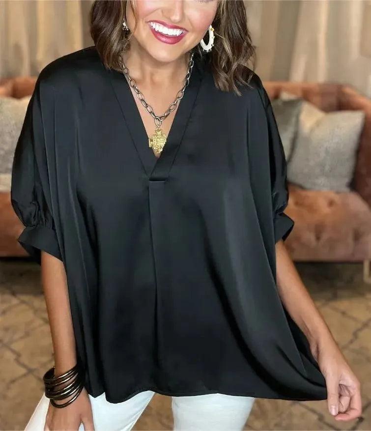 Women's V-Neck Shirt Silk Satin Classic Style