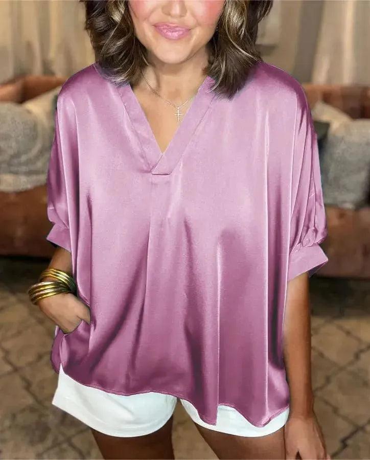 Women's V-Neck Shirt Silk Satin Classic Style