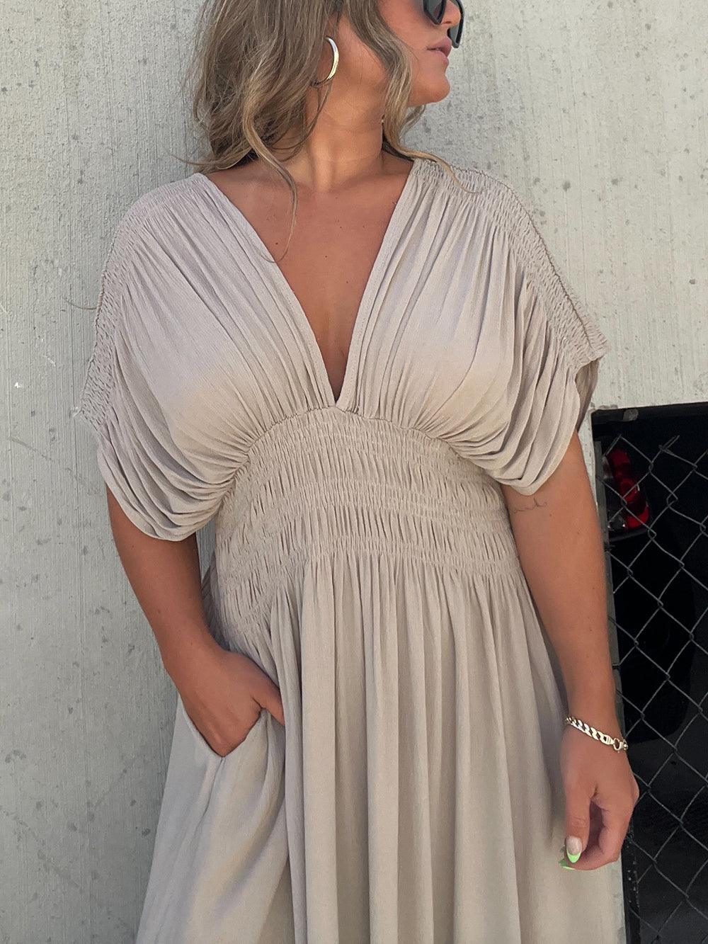 Women’s Maxi Dress – Smocked Waist – Relaxed Fit – V-Neck – Short Sleeve – Flowy Cotton