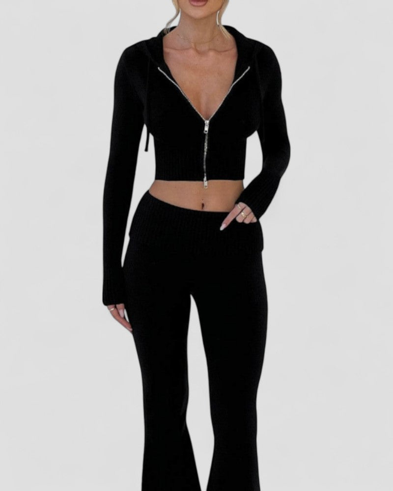 Women's Flared Trousers Set with Slim Fit Hooded Crop Top