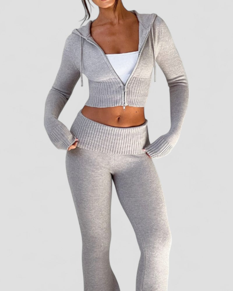 Women's Flared Trousers Set with Slim Fit Hooded Crop Top