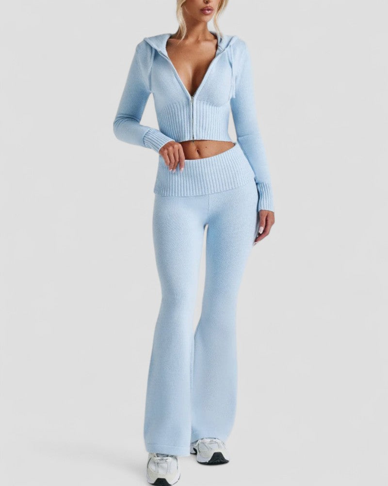 Women's Flared Trousers Set with Slim Fit Hooded Crop Top