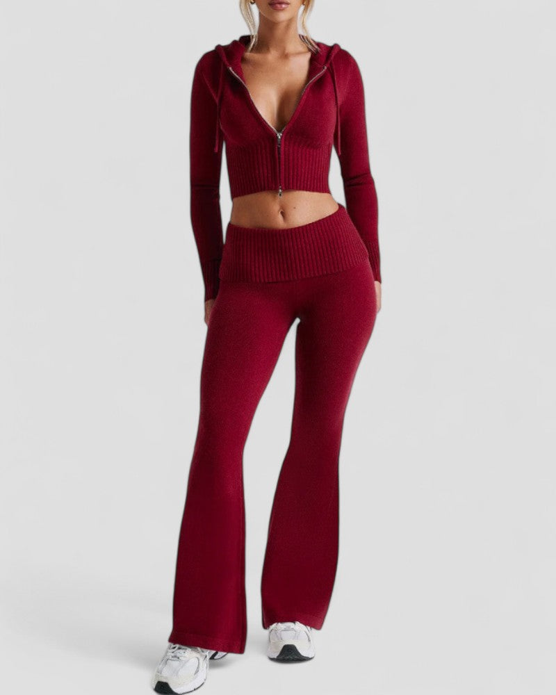 Women's Flared Trousers Set with Slim Fit Hooded Crop Top