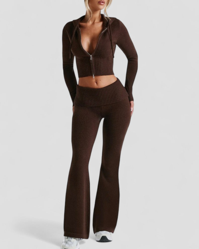 Women's Flared Trousers Set with Slim Fit Hooded Crop Top