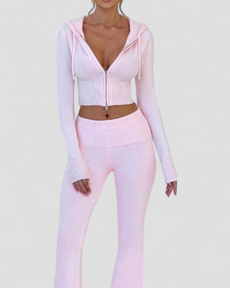 Women's Flared Trousers Set with Slim Fit Hooded Crop Top