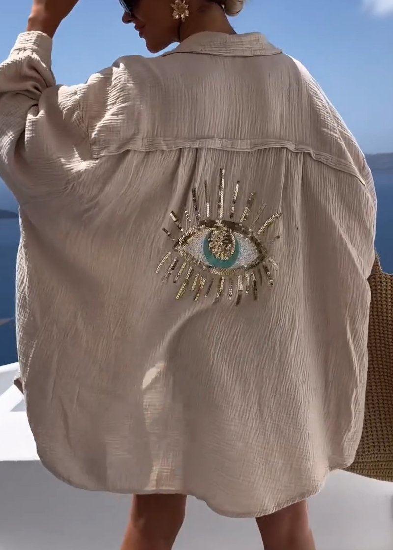 Women's Oversized Long Sleeve Shirt with Embroidery