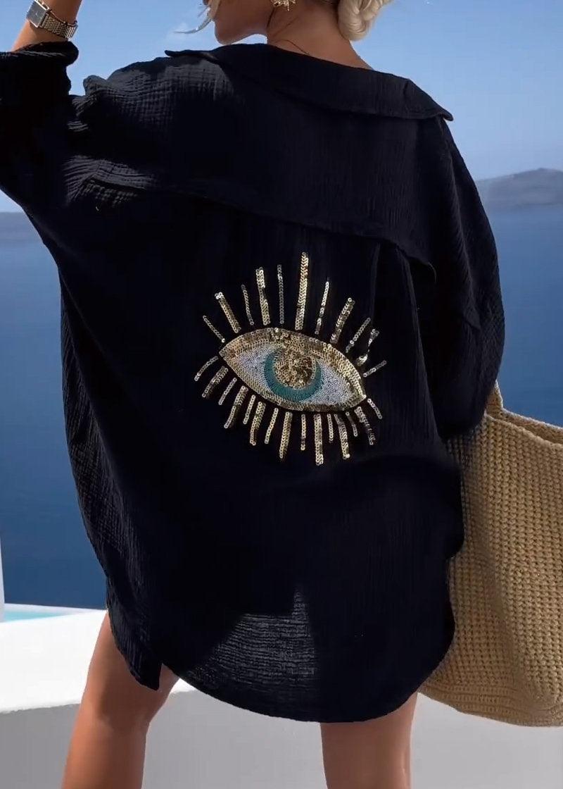 Women's Oversized Long Sleeve Shirt with Embroidery