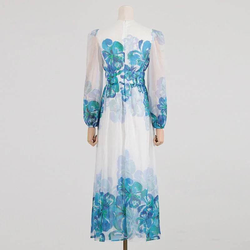 Women’s Midi Dress – V-Neck – Smocked Waist – Long Sleeve – Lightweight Elegant Fit