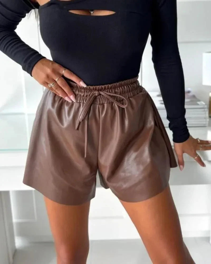 Women's High Waist Faux Leather Shorts with Elastic Drawstring