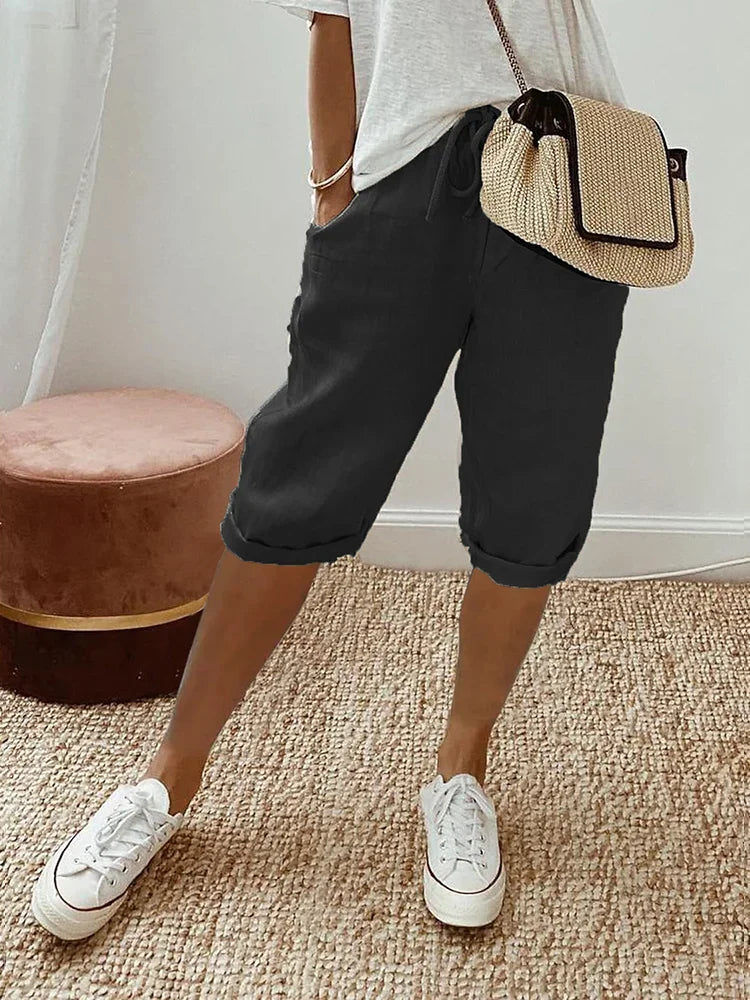 Women's Relaxed Fit Capri Trousers with Elastic Waist Drawstring