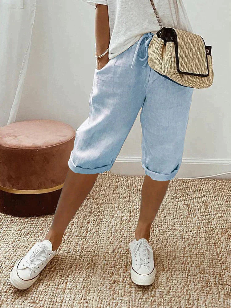 Women's Relaxed Fit Capri Trousers with Elastic Waist Drawstring
