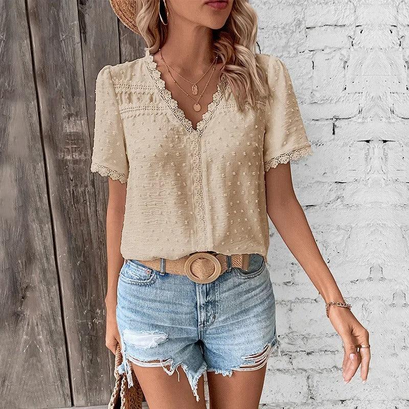 Women's V-Neck Lace-Trimmed Blouse with Textured Design