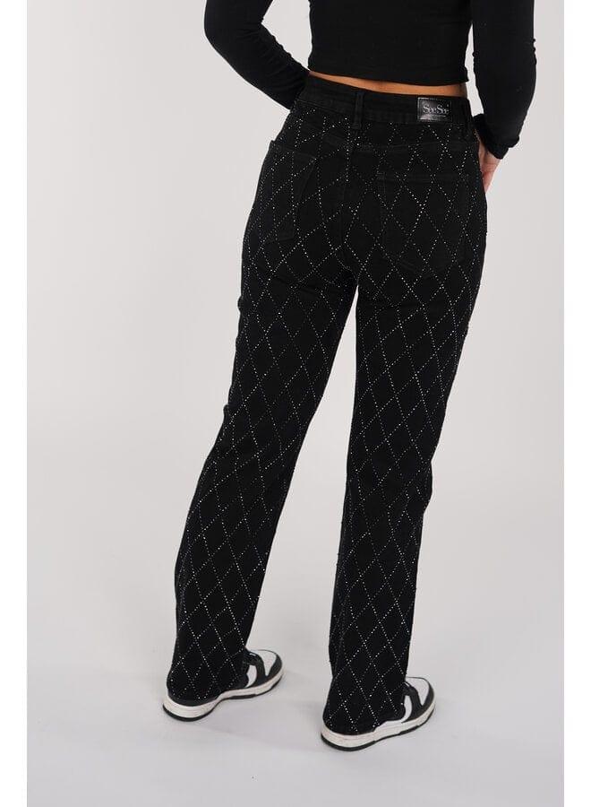 Women's Straight Leg Jeans Diamond Pattern Button Fly