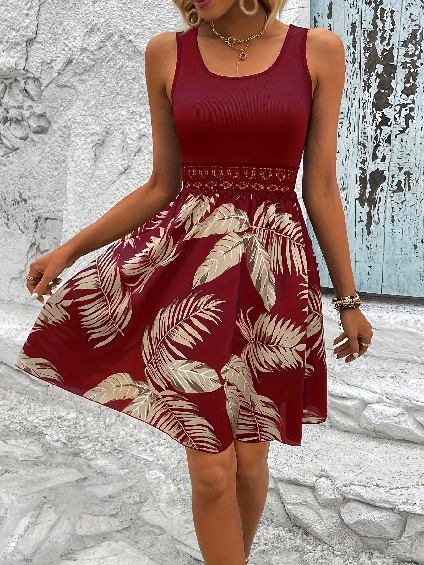 Women's Summer Dress Lace Waist Tropical Print