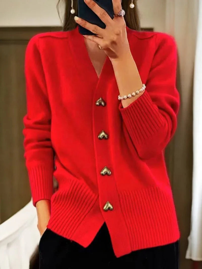Women's Button-Up Plain-Colored Cardigan for Winter