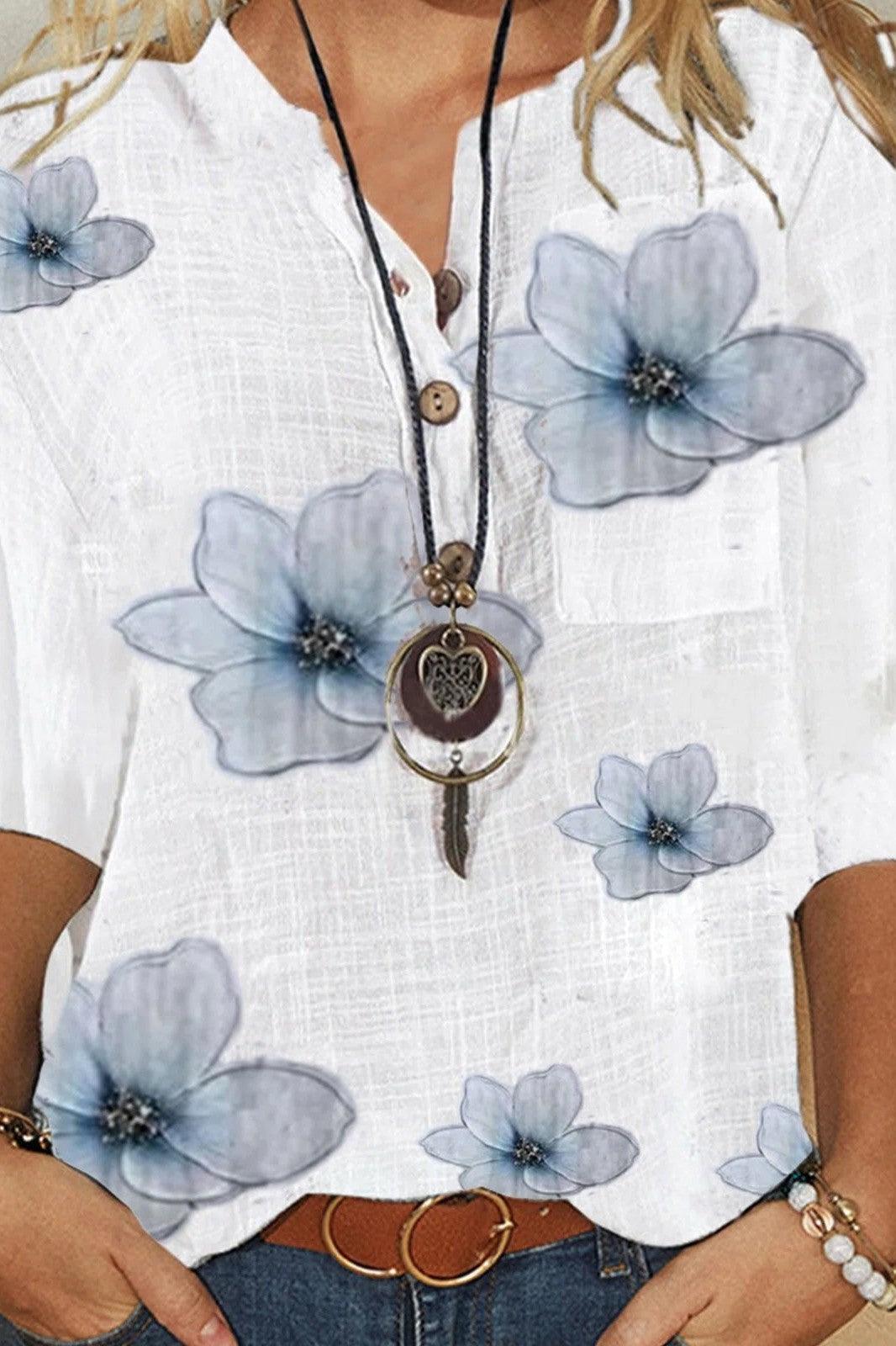 Women's Floral V-Neck Blouse Relaxed Fit Half-Length Sleeves