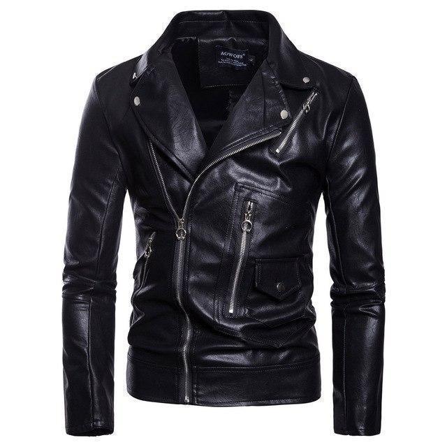 Men’s Leather Biker Jacket Slim Fit Notched Lapel Asymmetrical Zip
