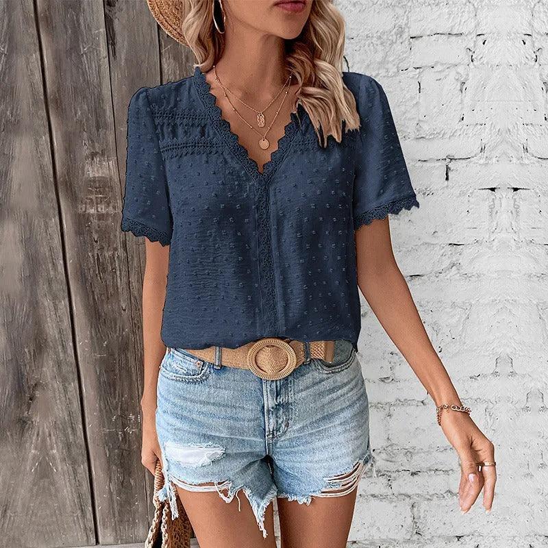 Women's V-Neck Lace-Trimmed Blouse with Textured Design