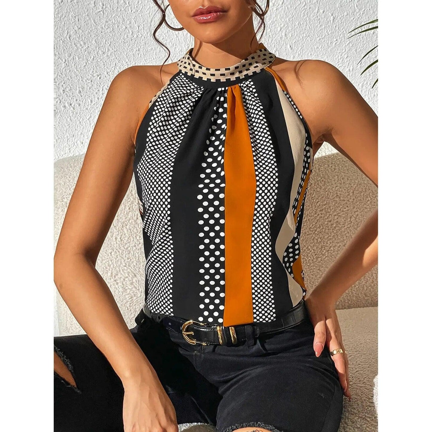 Women's Halter Top Geometric Print Keyhole Neck