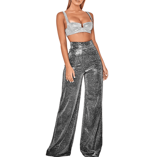 Women's Wide-Leg High-Waisted Trousers Glitter Shimmer Fabric