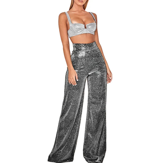 Women's Wide-Leg Trousers Glitter Shimmer Fabric