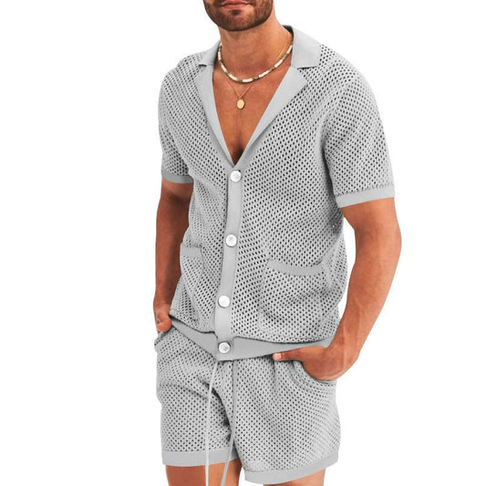 Men's Casual Hollow Short Sleeve Shirt and Shorts Set