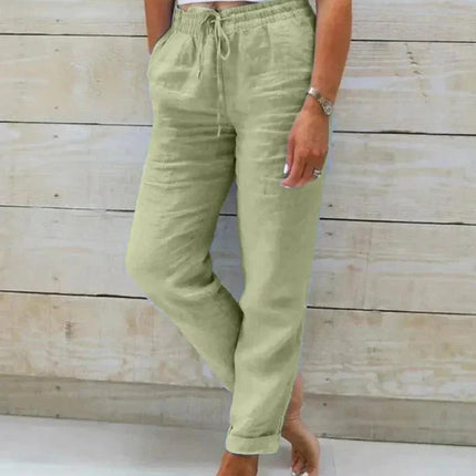 Women's Relaxed Fit Cotton Trousers with Elastic Waist and Drawstring