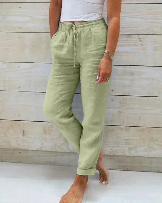 Women's Relaxed Fit Cotton Trousers with Elastic Waist and Drawstring
