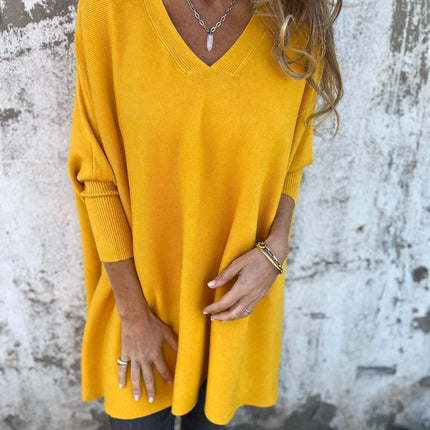 Women's V-Neck Oversized Shirt with Drop Shoulders and Long Sleeves