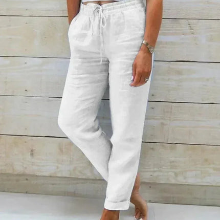 Women's Relaxed Fit Cotton Trousers with Elastic Waist and Drawstring