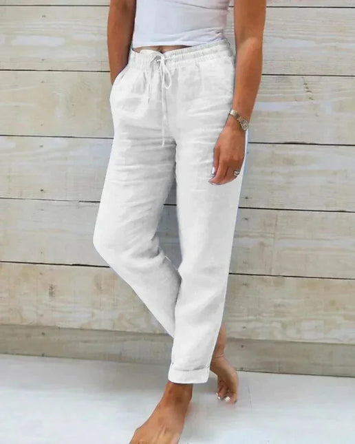Women's Relaxed Fit Cotton Trousers with Elastic Waist and Drawstring