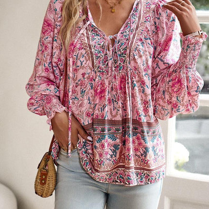 Women's Floral Tunic Top V-Neck Tie Long Sleeve