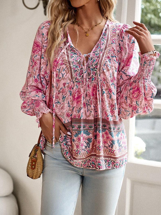 Women's Floral Tunic Top V-Neck Tie Long Sleeve
