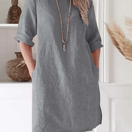 Women's Linen Tunic Dress with Pockets - Relaxed Fit, 3/4 Sleeve