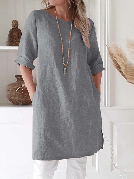 Women's Linen Tunic Dress with Pockets - Relaxed Fit, 3/4 Sleeve