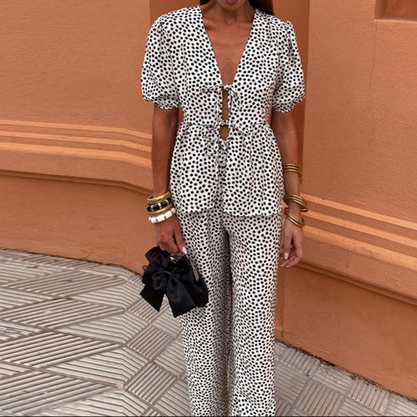 Women's Linen Two-Piece Set - Puff Sleeve Tie-Front Top & High-Waist Wide-Leg Pants