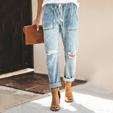 Women's Denim Jogger Trousers Distressed Casual Style