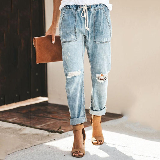 Women's Distressed Denim Jogger Trousers with Elastic Waist