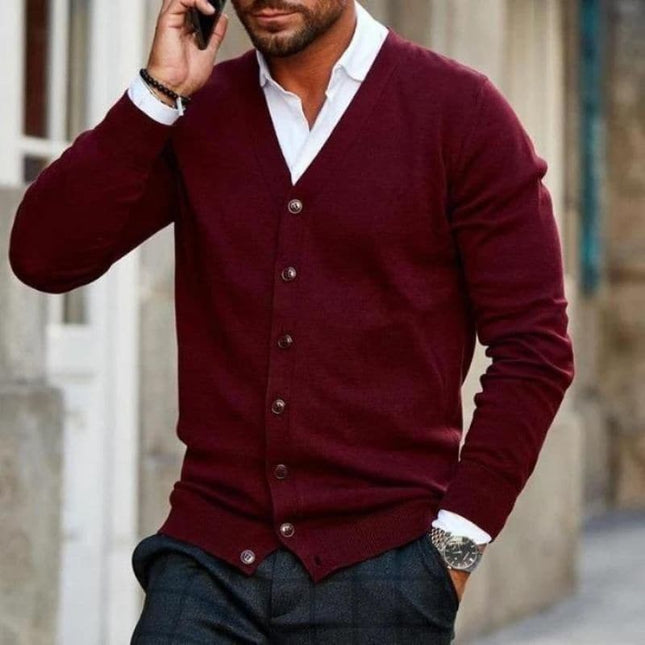 Men’s Soft Knit V-Neck Cardigan with Button Front and Ribbed Trim