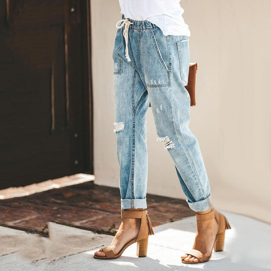 Women's Distressed Denim Jogger Trousers with Elastic Waist