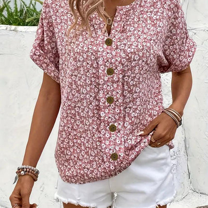 Women's Button-Up Floral Top with Short Sleeves and Loose Fit