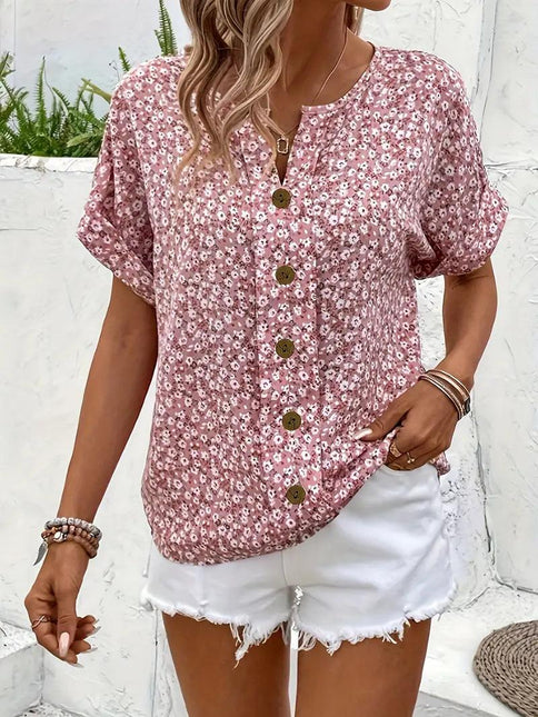 Women's Button-Up Floral Top with Short Sleeves and Loose Fit