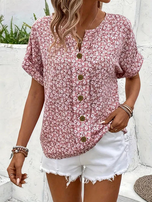 Women's Button-Up Floral Top with Short Sleeves and Loose Fit