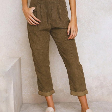 Women's High-Waisted Trousers Pleated Front Cuffed Hem Ribbed Fabric