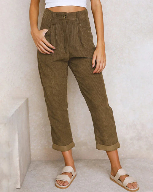 Women's High-Waisted Trousers Pleated Front Ribbed Fabric