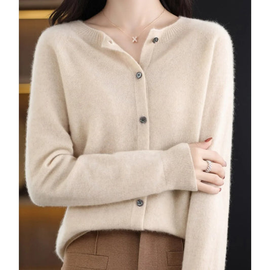 Women's O-Neck Cardigan Pure Wool Cashmere Sweater