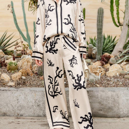Women's Abstract Print Blouse & Wide-Leg Trousers Set - Button-Up, High Waist, Relaxed Fit