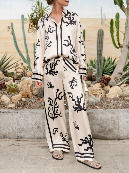 Women's Abstract Print Blouse & Wide-Leg Trousers Set - Button-Up, High Waist, Relaxed Fit