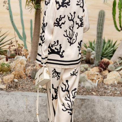 Women's Abstract Print Blouse & Wide-Leg Trousers Set - Button-Up, High Waist, Relaxed Fit